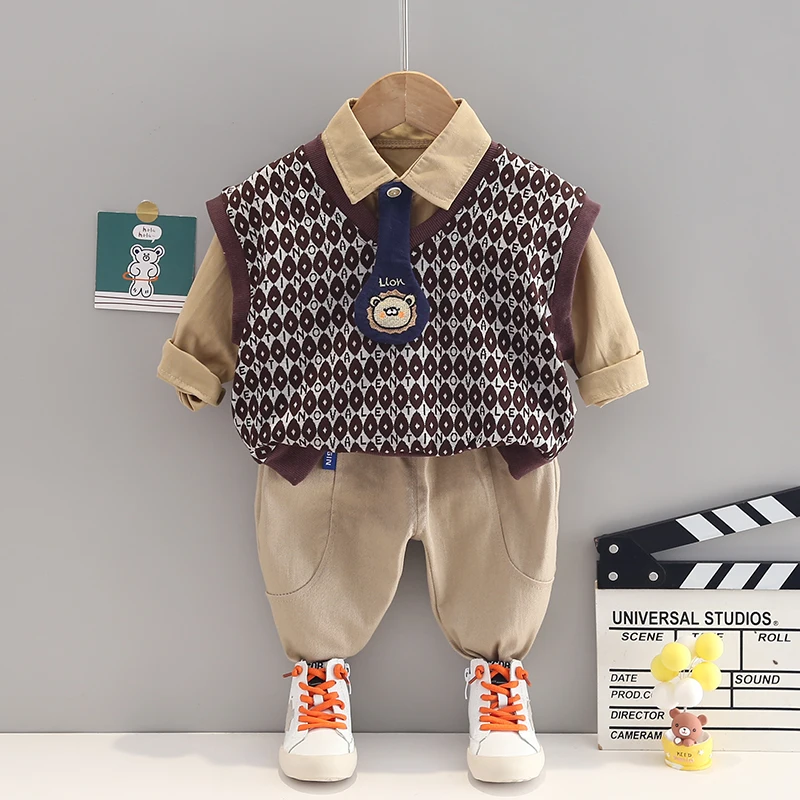 2022 Autumn Baby Boys Clothing Set Kids Tracksuit Knitted Vest Shirt Pants 3 Pcs Suit Infant Clothes Outfits Childre